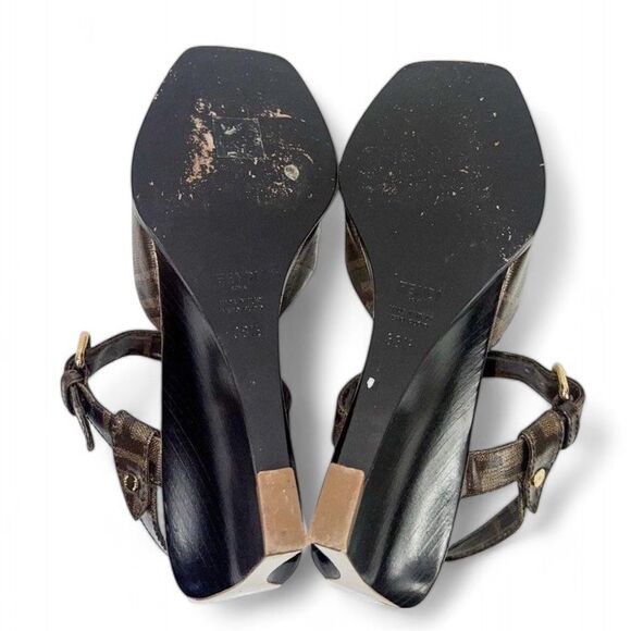 FENDI Tobacco Brown FF Zucca Logo Coated Canvas Wedge Sandals Size EU38.5 - Picture 11 of 14